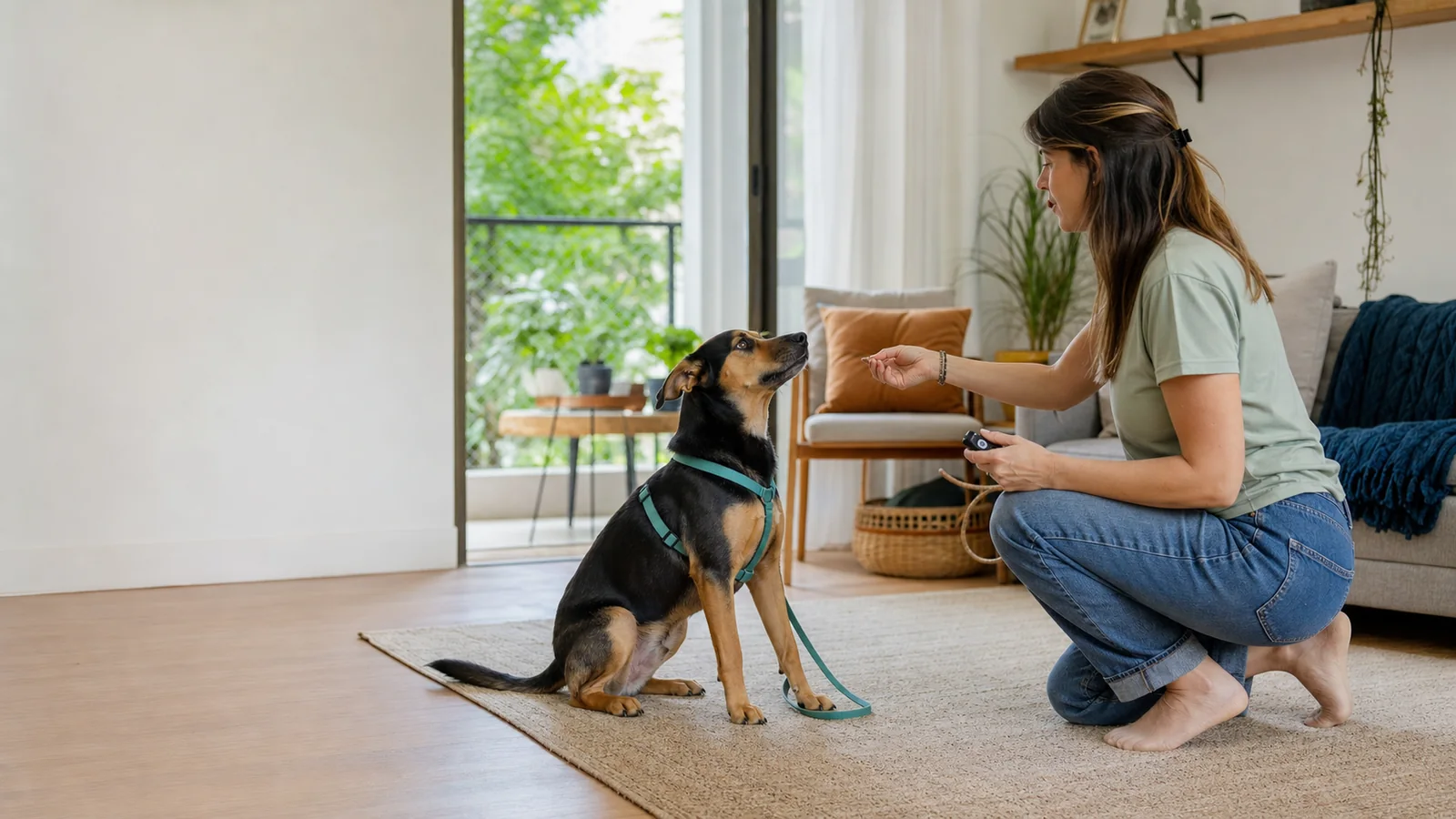 Tutora oferece recompensa a um cão sentado durante treino positivo em casa