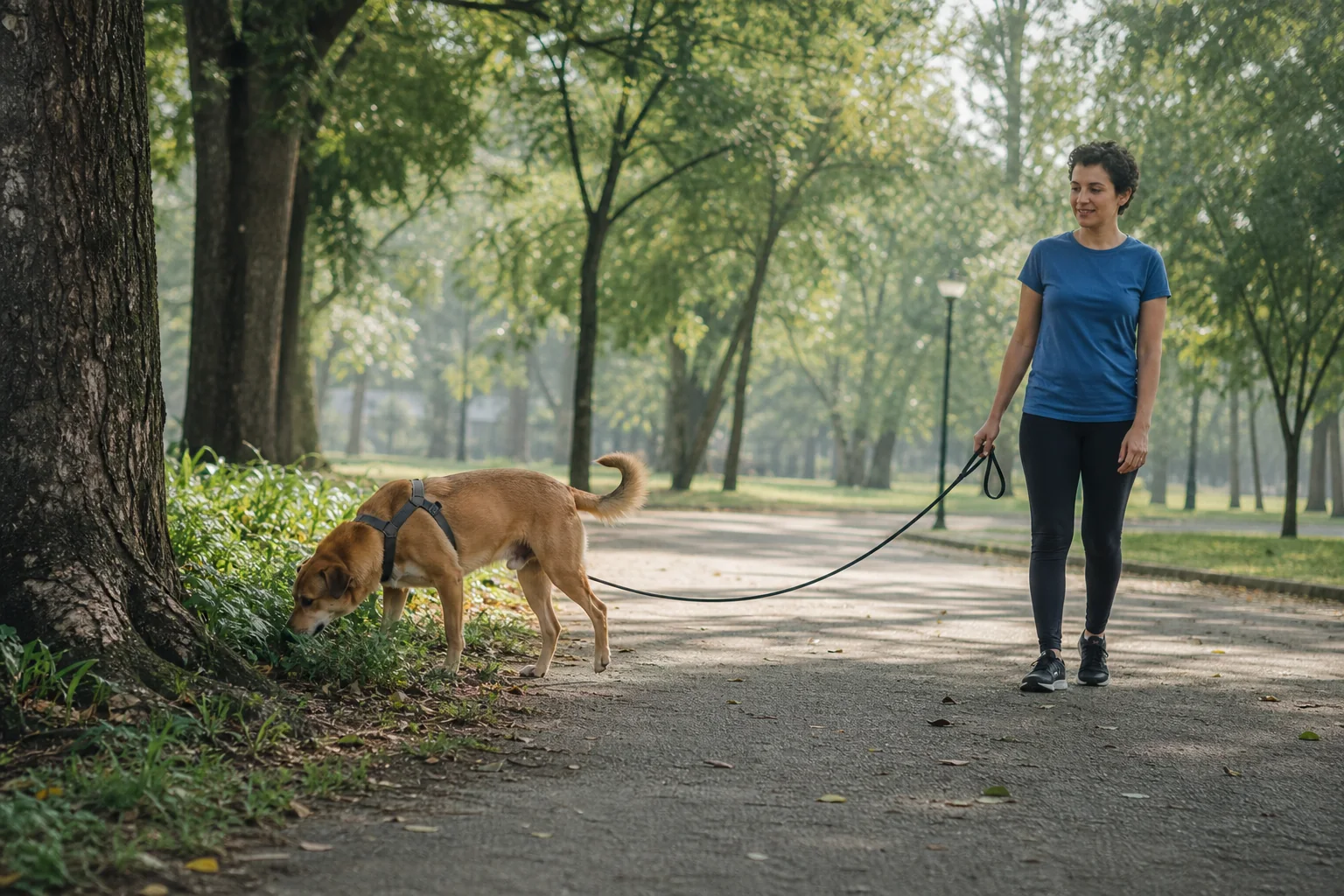 Cão fareja em parque com peitoral e guia longa frouxa durante passeio olfativo