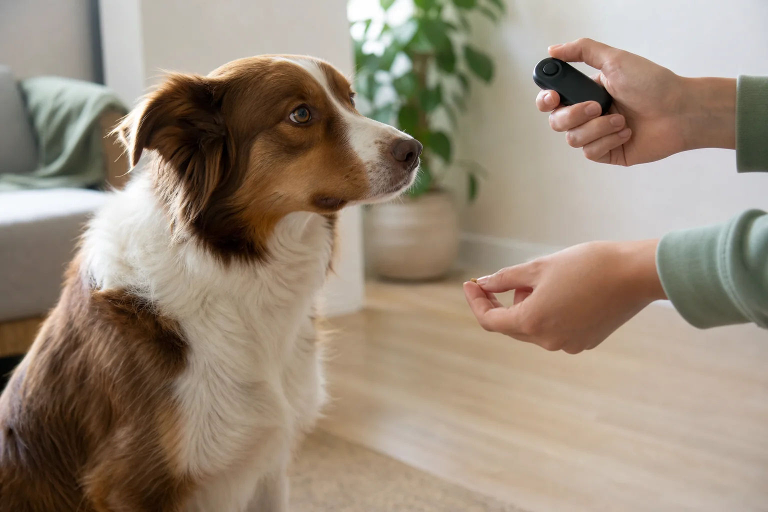 Cão atento ao marcador e à pequena recompensa durante o treino