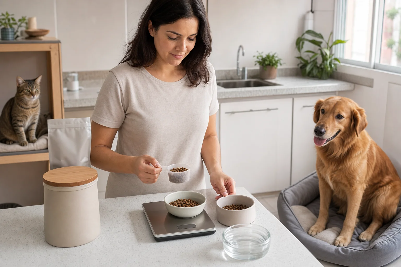Tutora mede porções de alimento para cão e gato em uma rotina organizada