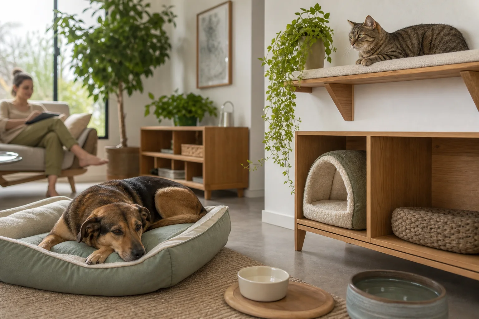 Cão descansando em uma cama e gato em uma prateleira alta com recursos separados em ambiente doméstico calmo