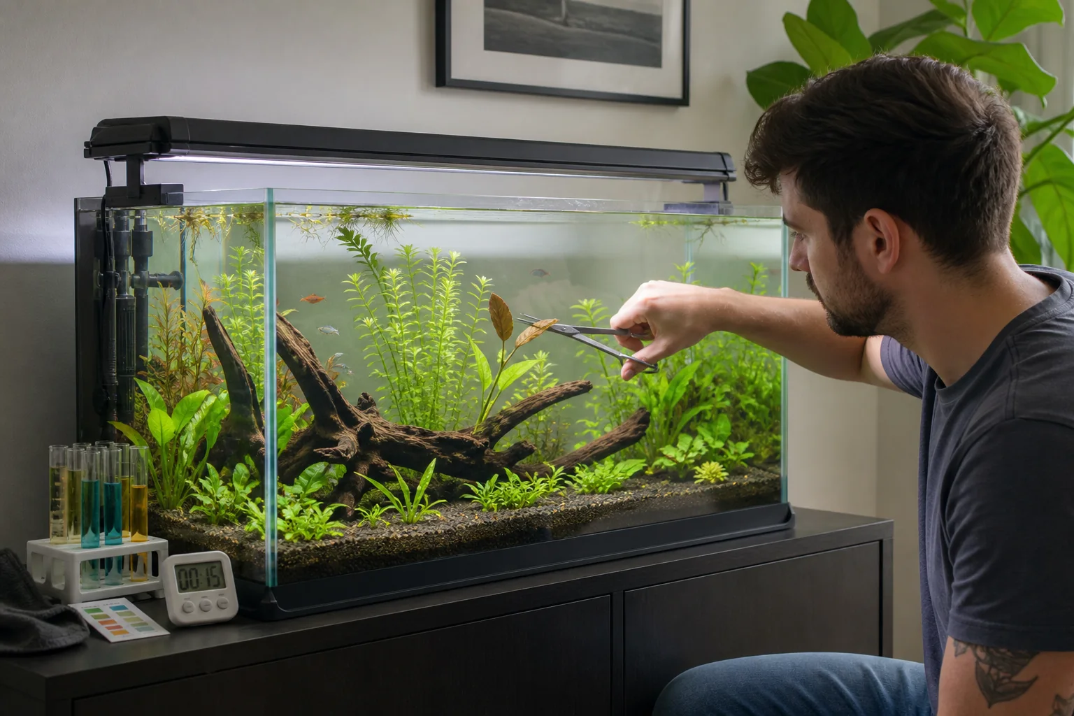Aquarista poda uma folha em aquário plantado de água doce com iluminação, filtro e testes de água