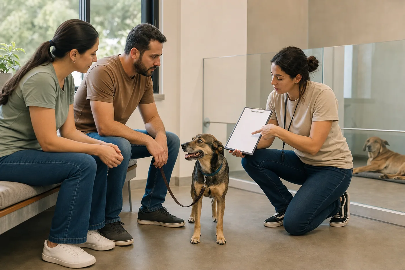 Família e profissional observando o comportamento individual de um cão adulto antes da adoção