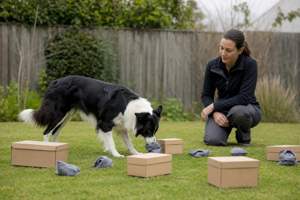 Border Collie realizando atividade de farejamento com supervisão do tutor