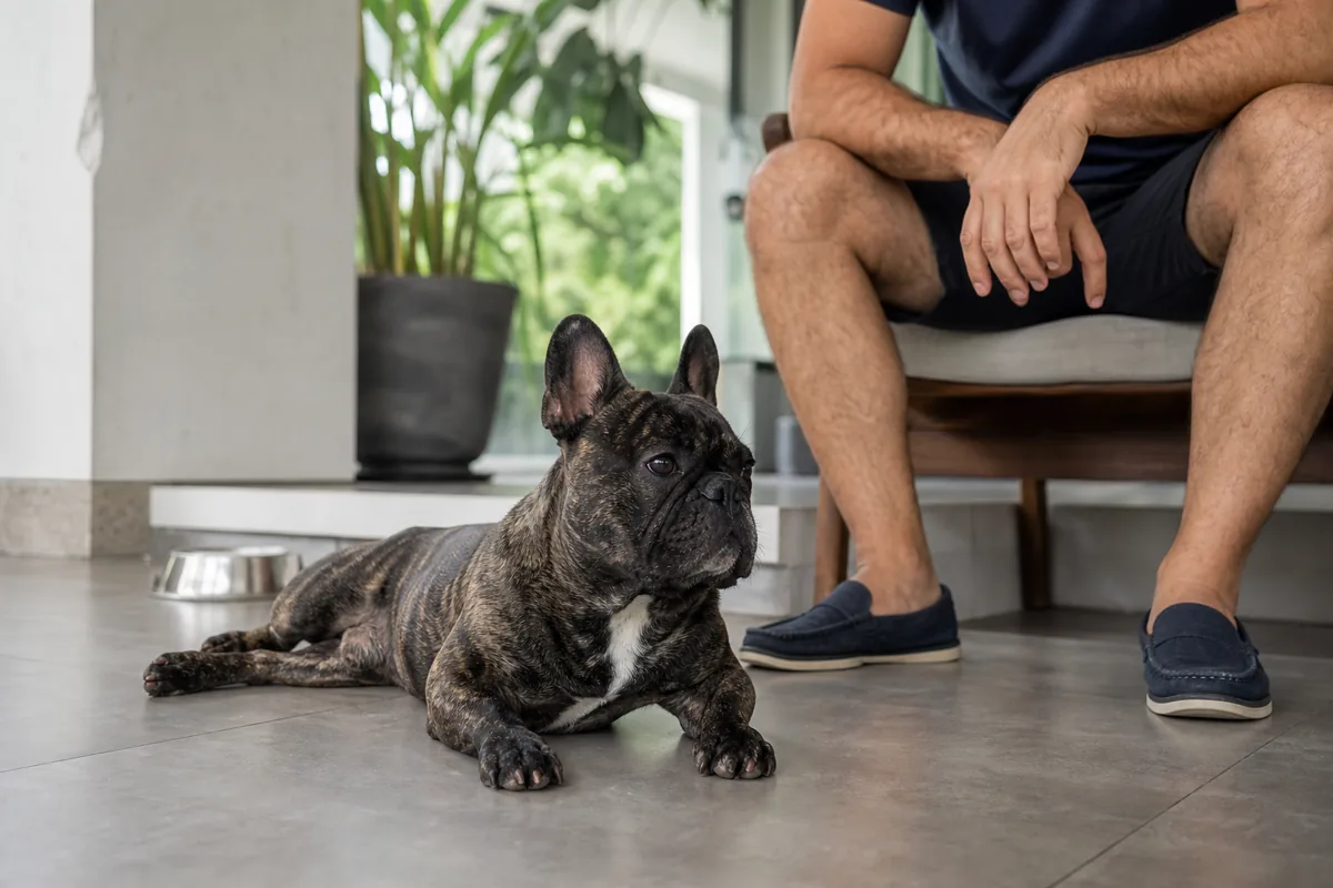 Buldogue Francês descansando em ambiente fresco ao lado do tutor