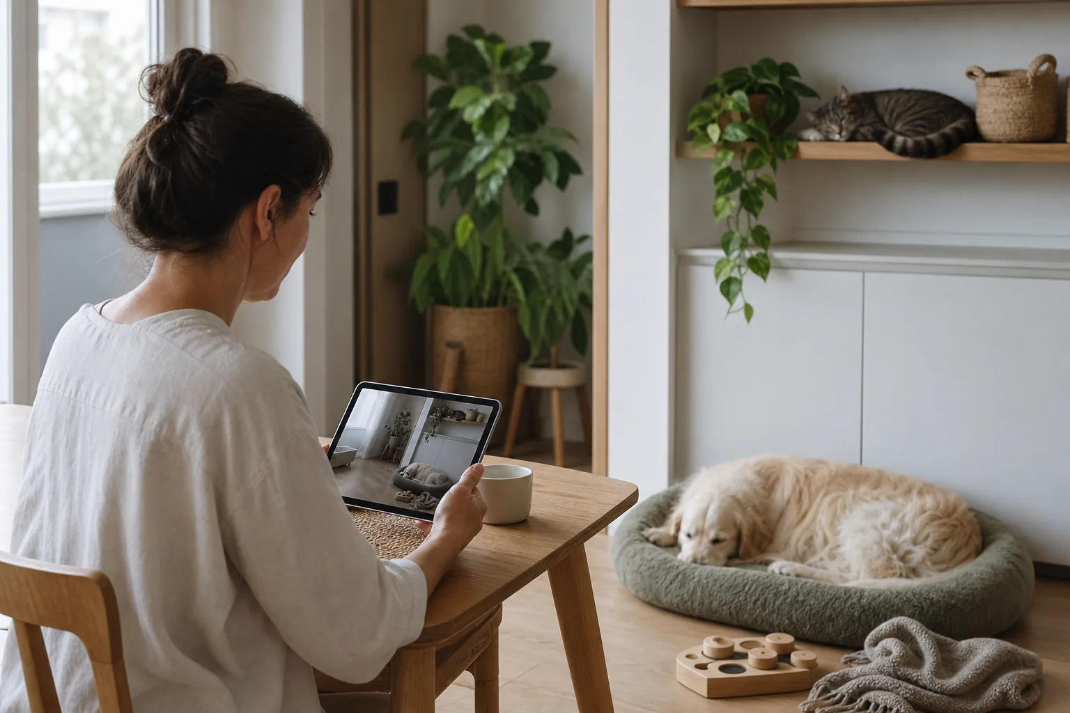 Tutora observa cão e gato tranquilos por uma câmera em ambiente seguro