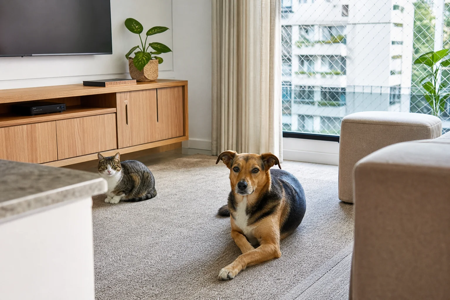 Cão e gato em apartamento organizado com janela protegida por tela