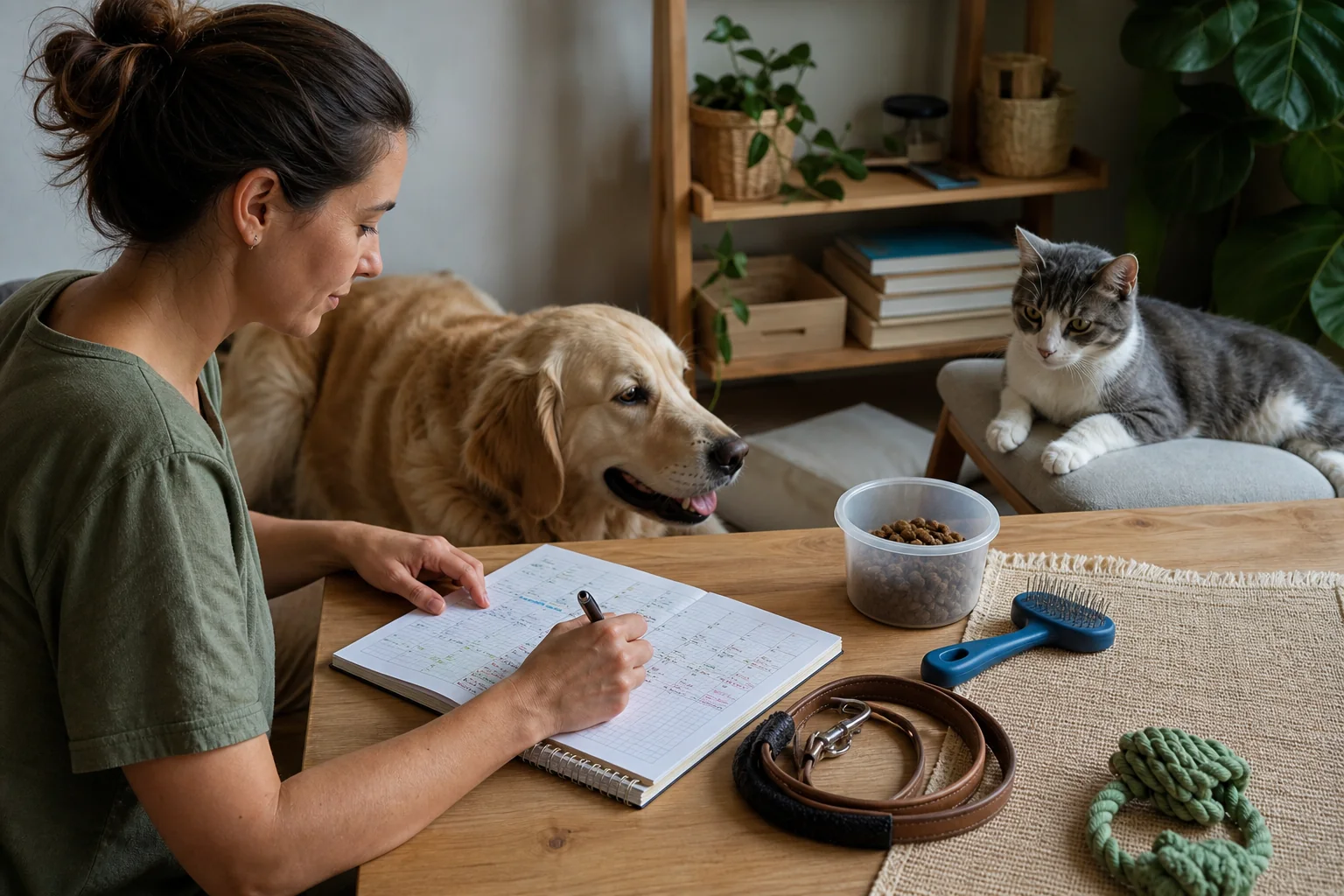 Tutora organizando em um caderno os cuidados semanais ao lado de cão e gato