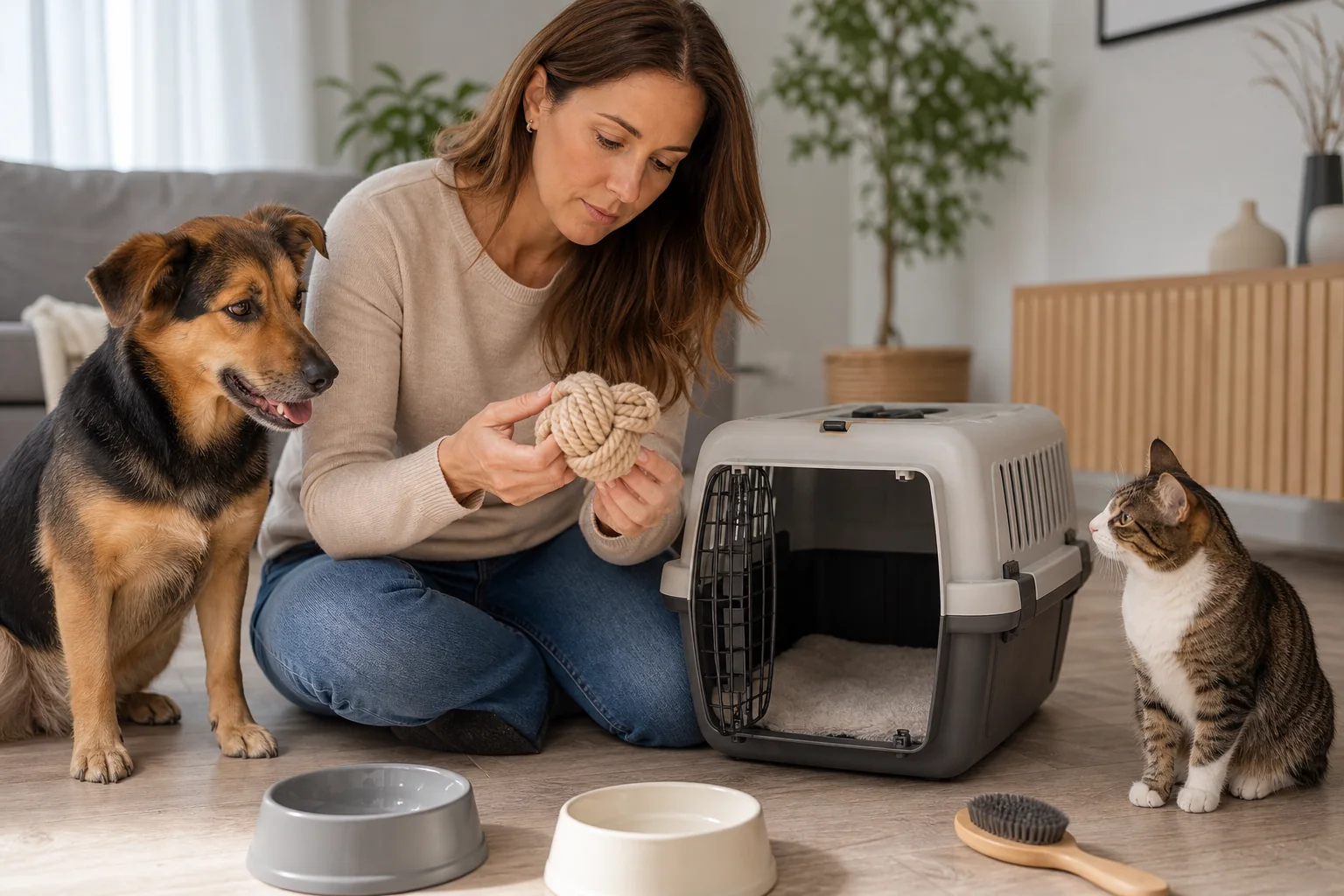 Tutora inspecionando um brinquedo ao lado de cão, gato, caixa de transporte e utensílios de cuidado