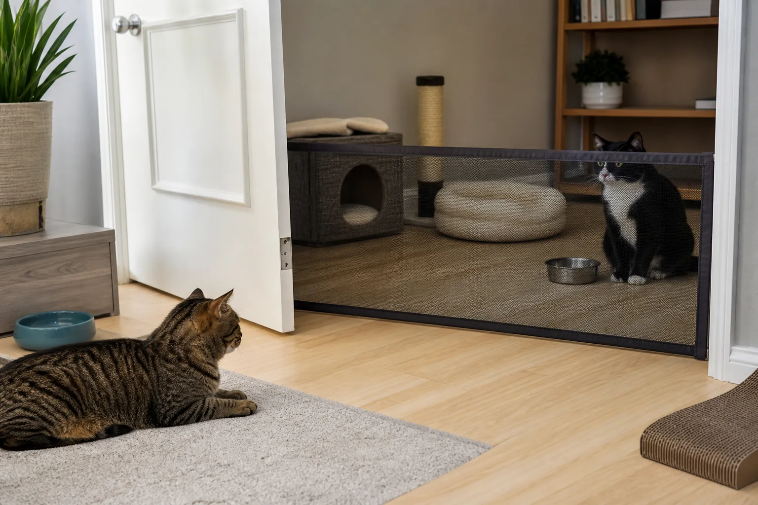 Dois gatos observam um ao outro calmamente através de uma barreira segura entre ambientes