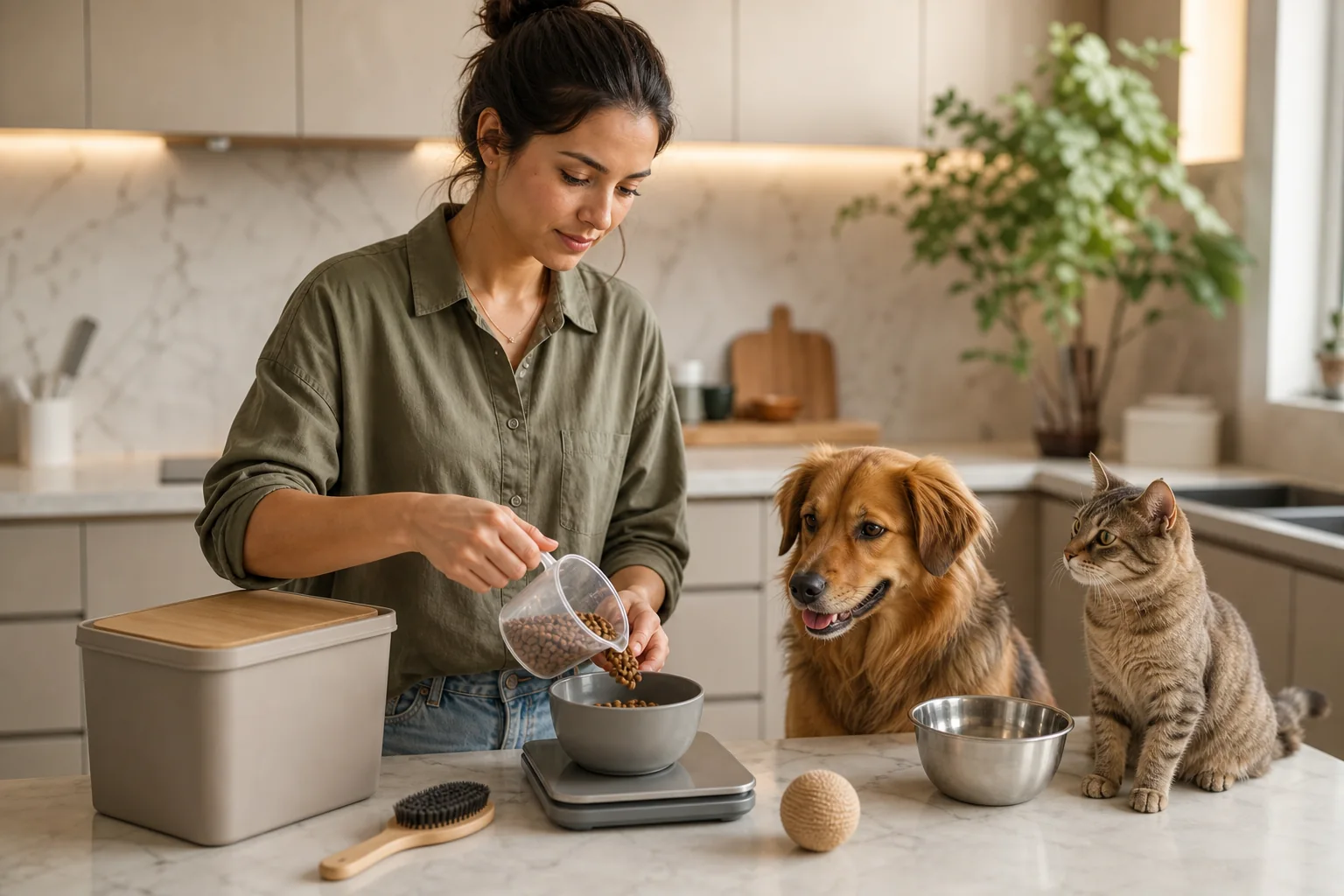 Tutora medindo uma porção de alimento enquanto cão e gato aguardam em uma cozinha organizada
