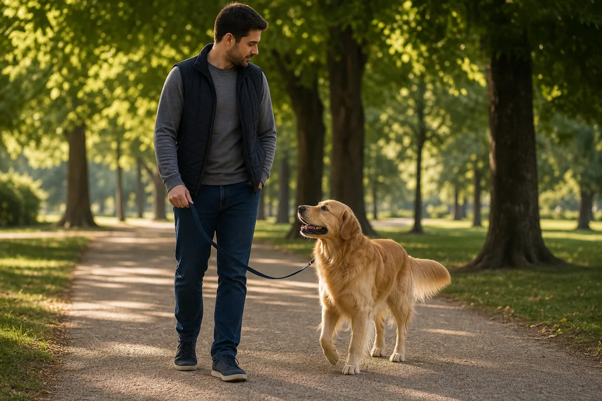 Golden Retriever caminhando calmamente com o tutor em um parque
