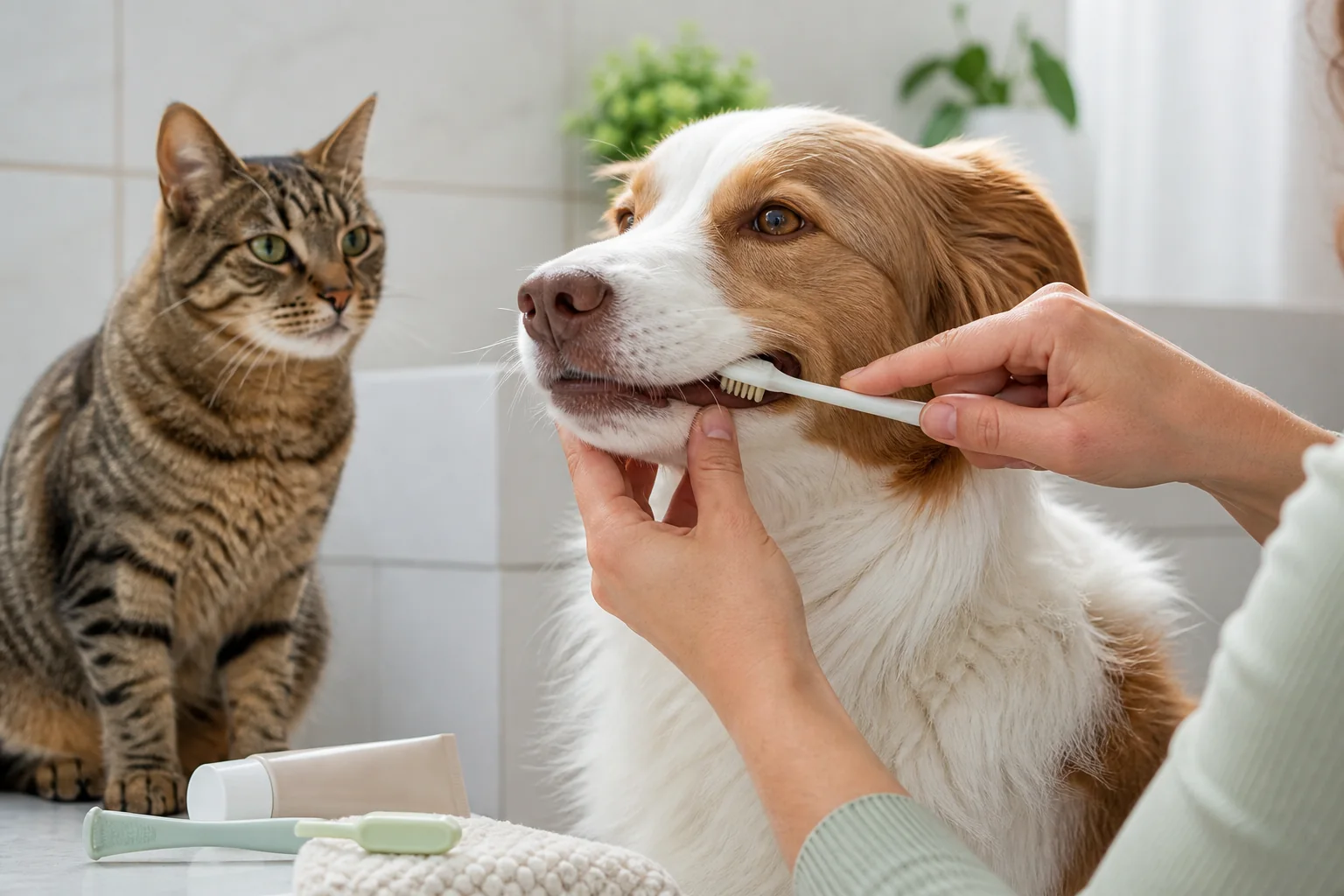 Tutora escova gentilmente os dentes de um cão calmo enquanto um gato observa