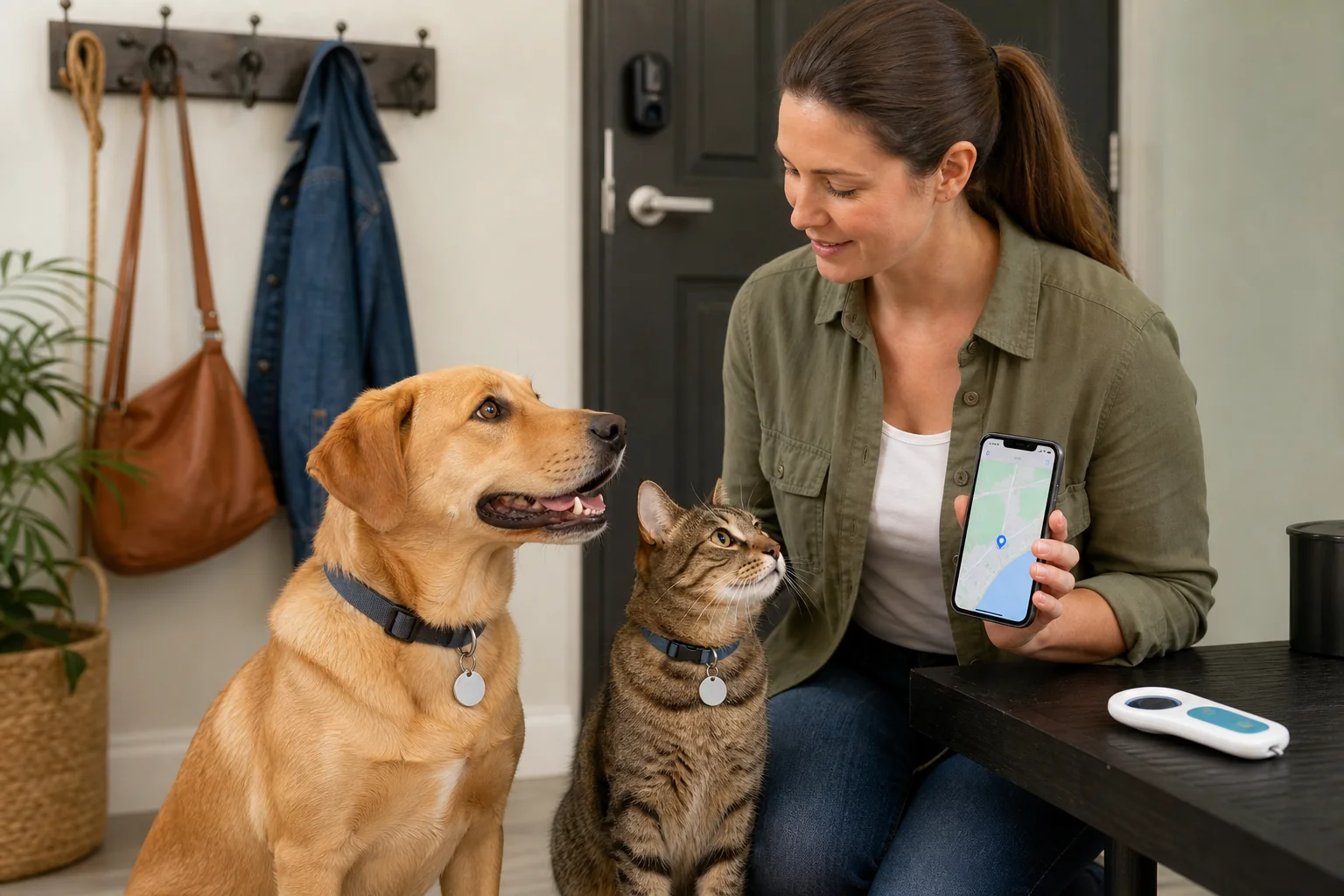 Cão e gato com plaquinhas ao lado da tutora, de um celular com mapa e de um leitor de microchip