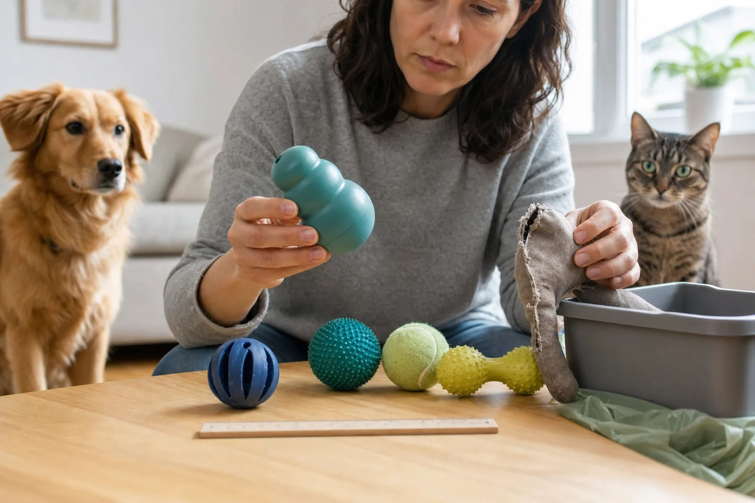 Tutora inspecionando o tamanho, o material e o desgaste de brinquedos para pets
