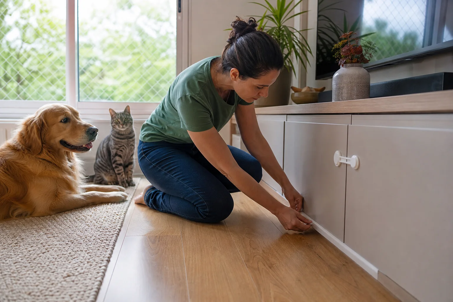 Tutora inspeciona trava de armário e proteção de cabos com pets por perto