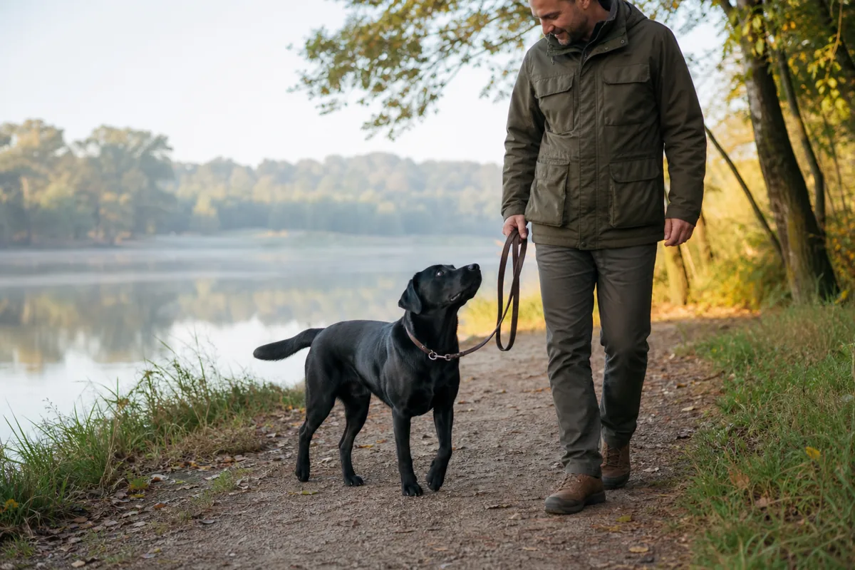 Labrador Retriever preto caminhando com o tutor em parque próximo a um lago