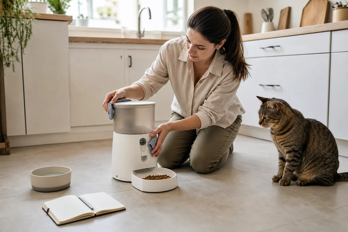 Tutora higienizando alimentador automático e mantendo água e rotina manual de reserva