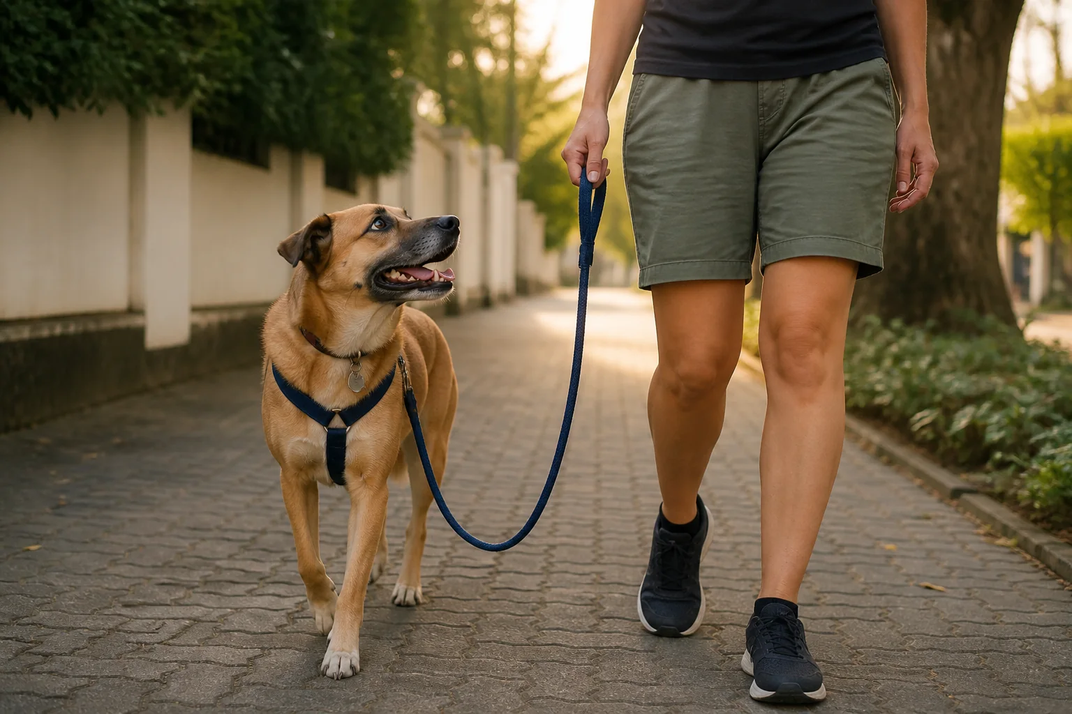 Cão caminha ao lado da tutora com peitoral em Y, plaquinha e guia frouxa