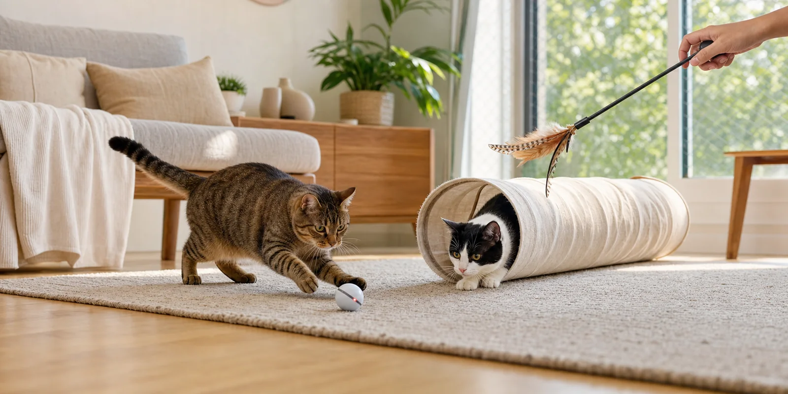 Dois gatos brincando em apartamento com bola, túnel e varinha sob supervisão