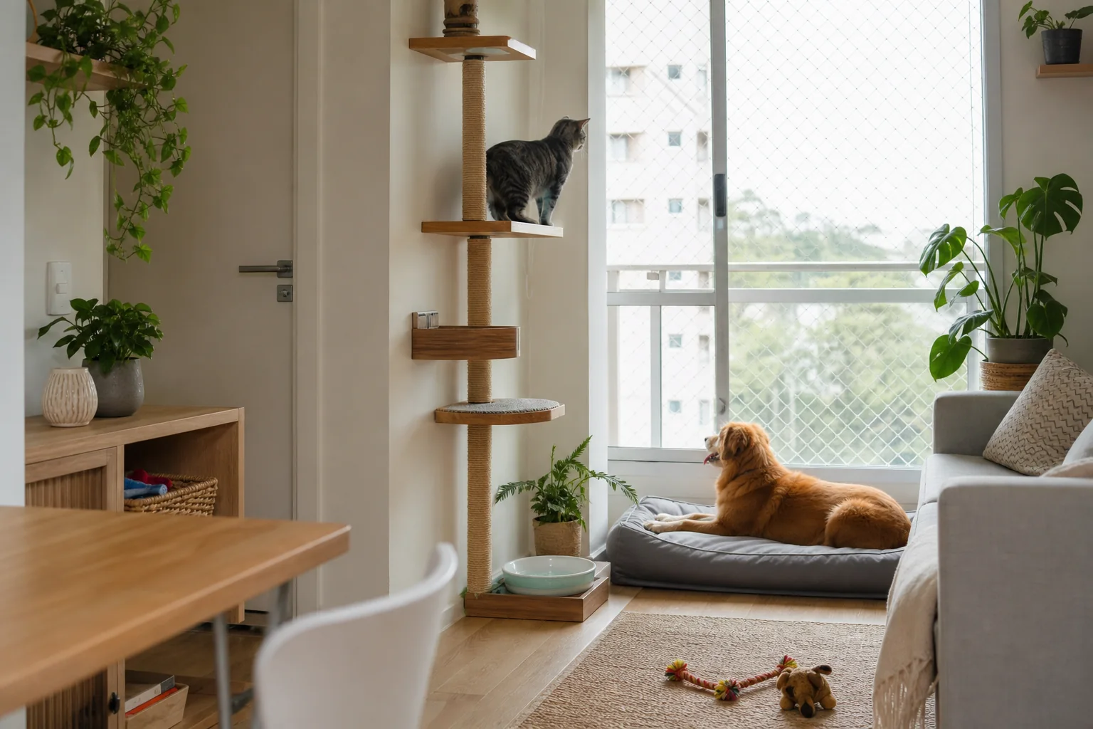 Cão e gato em apartamento compacto com tela e território vertical