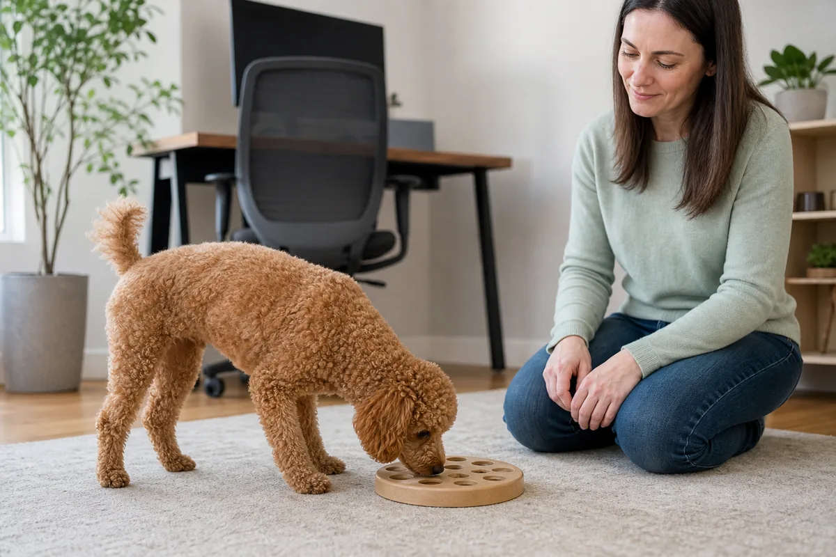 Poodle miniatura explorando um puzzle alimentar com acompanhamento da tutora