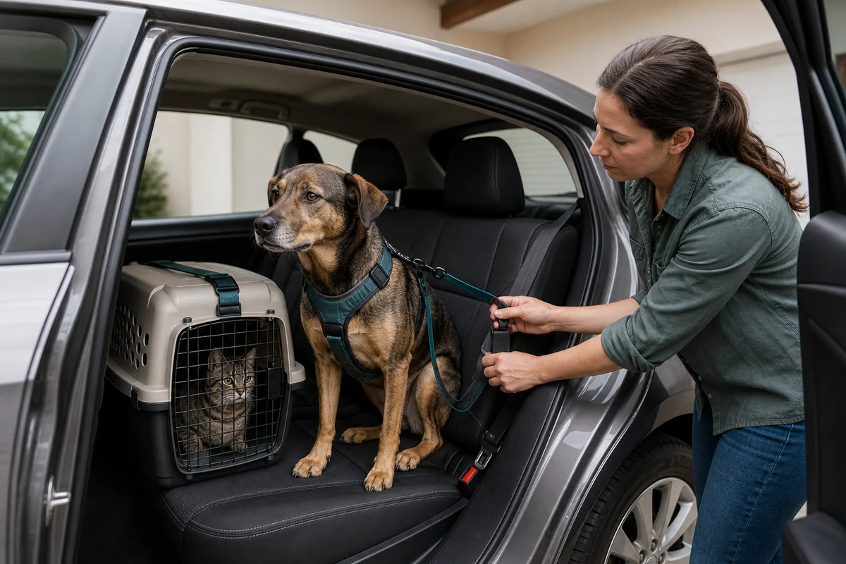 Tutora conferindo cão de peitoral e gato em caixa rígida no banco traseiro de um carro parado