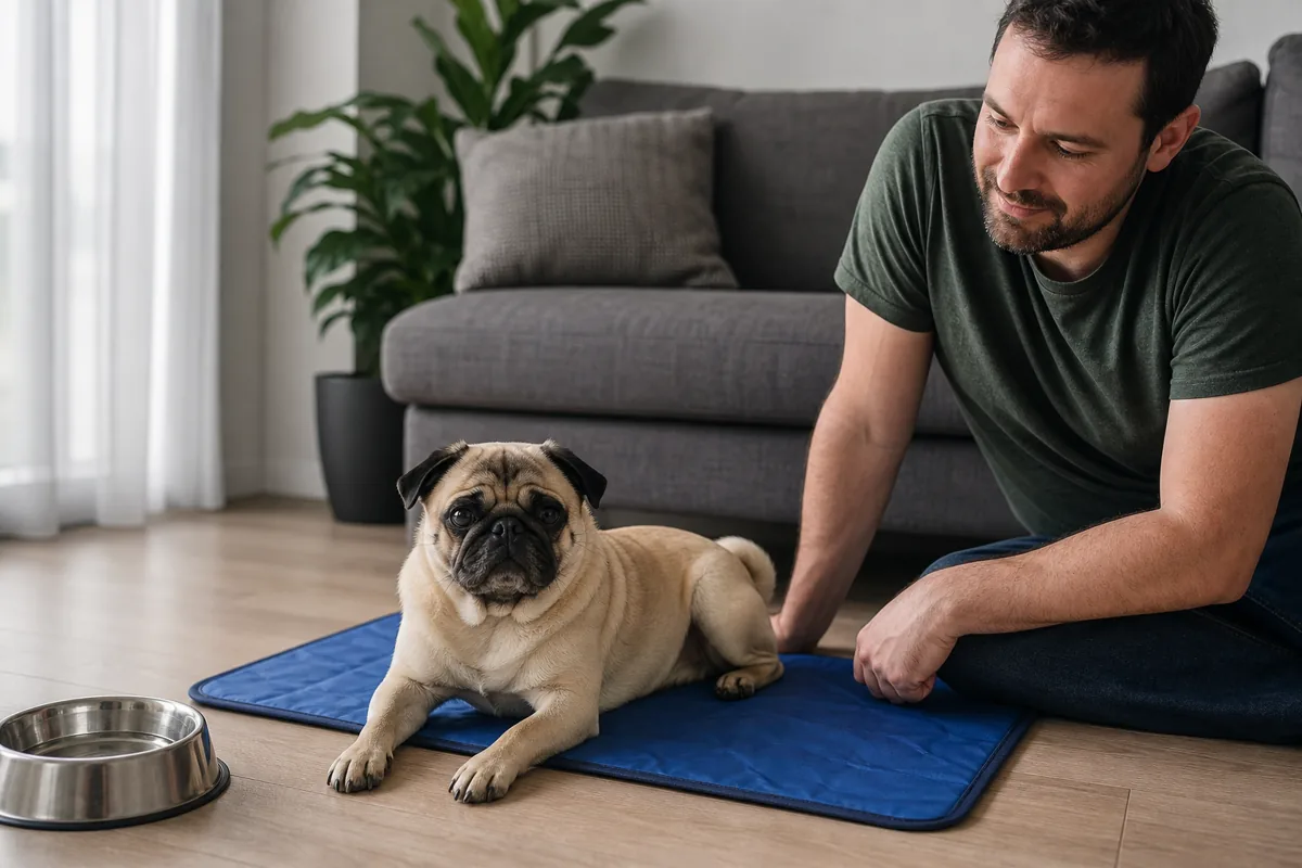 Pug descansando sobre tapete refrescante com água disponível