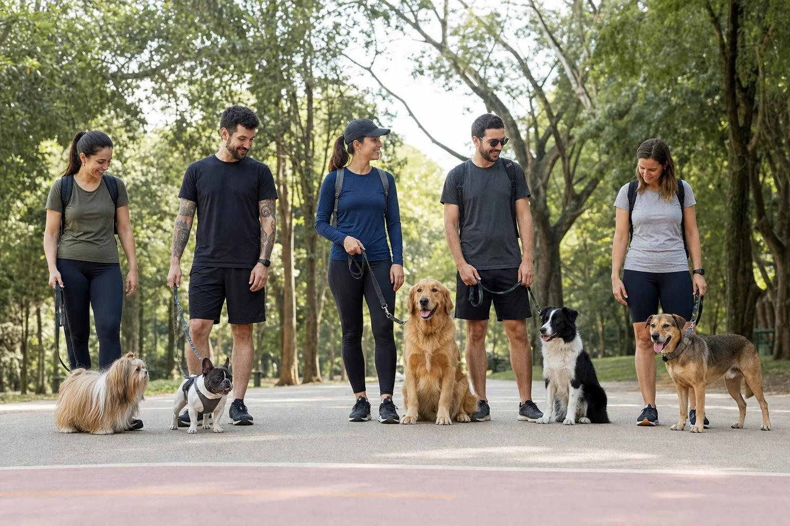 Cães de diferentes portes e tipos acompanhados por seus tutores em um parque