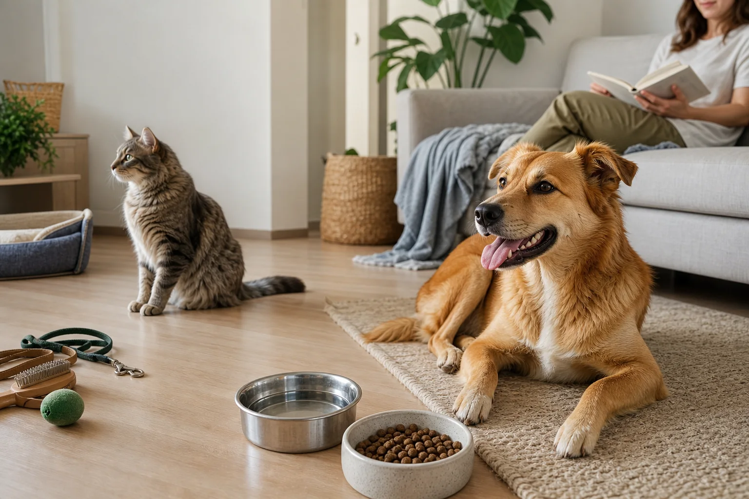 Cão e gato em ambiente doméstico organizado com água, alimentação, cama, brinquedos, escova, guia e caixa de areia representando uma rotina inteligente de cuidados