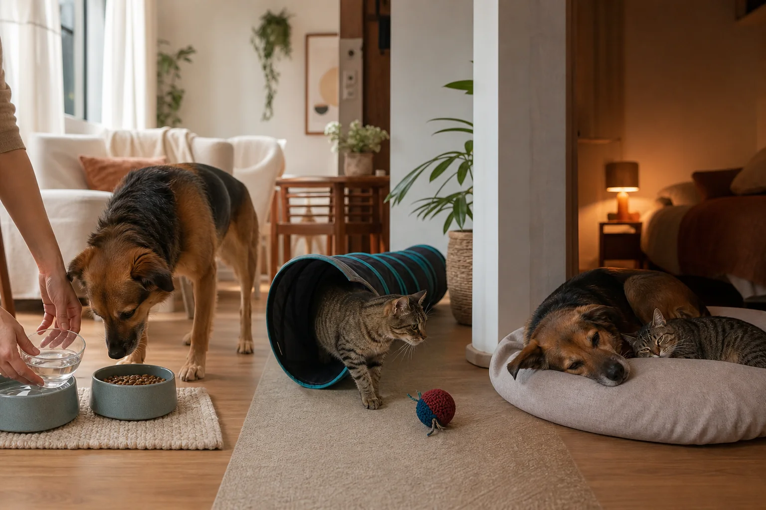 Cenas de cuidados com cães e gatos pela manhã, tarde e noite, incluindo alimentação, brincadeira e descanso