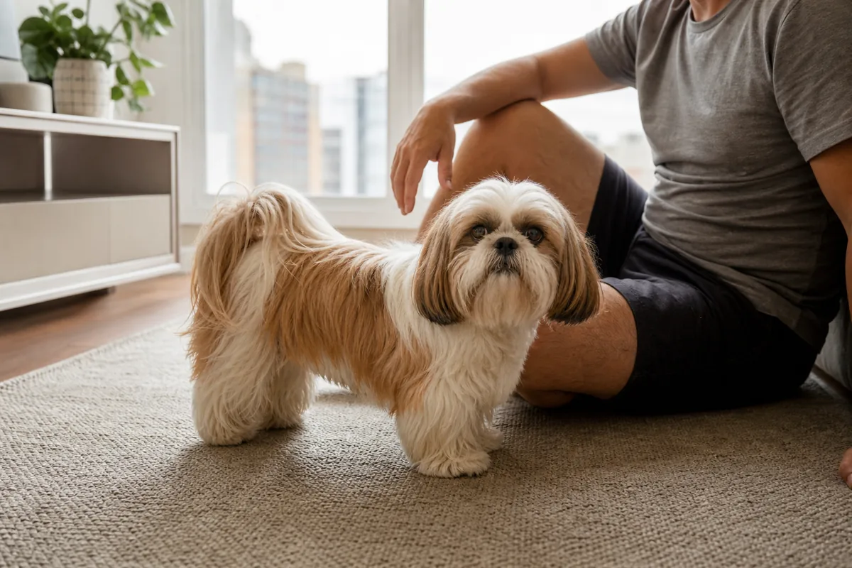 Shih Tzu adulto em apartamento ao lado do tutor
