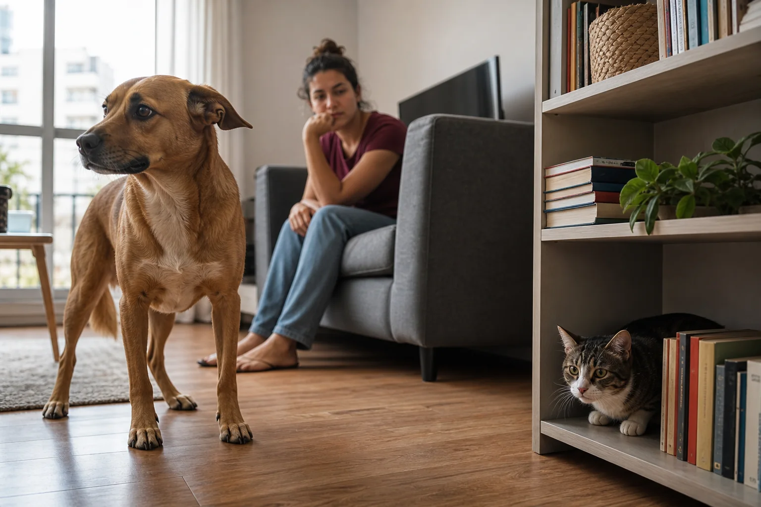 Cão em postura cautelosa e gato recolhido em um móvel enquanto a tutora observa à distância em uma sala tranquila