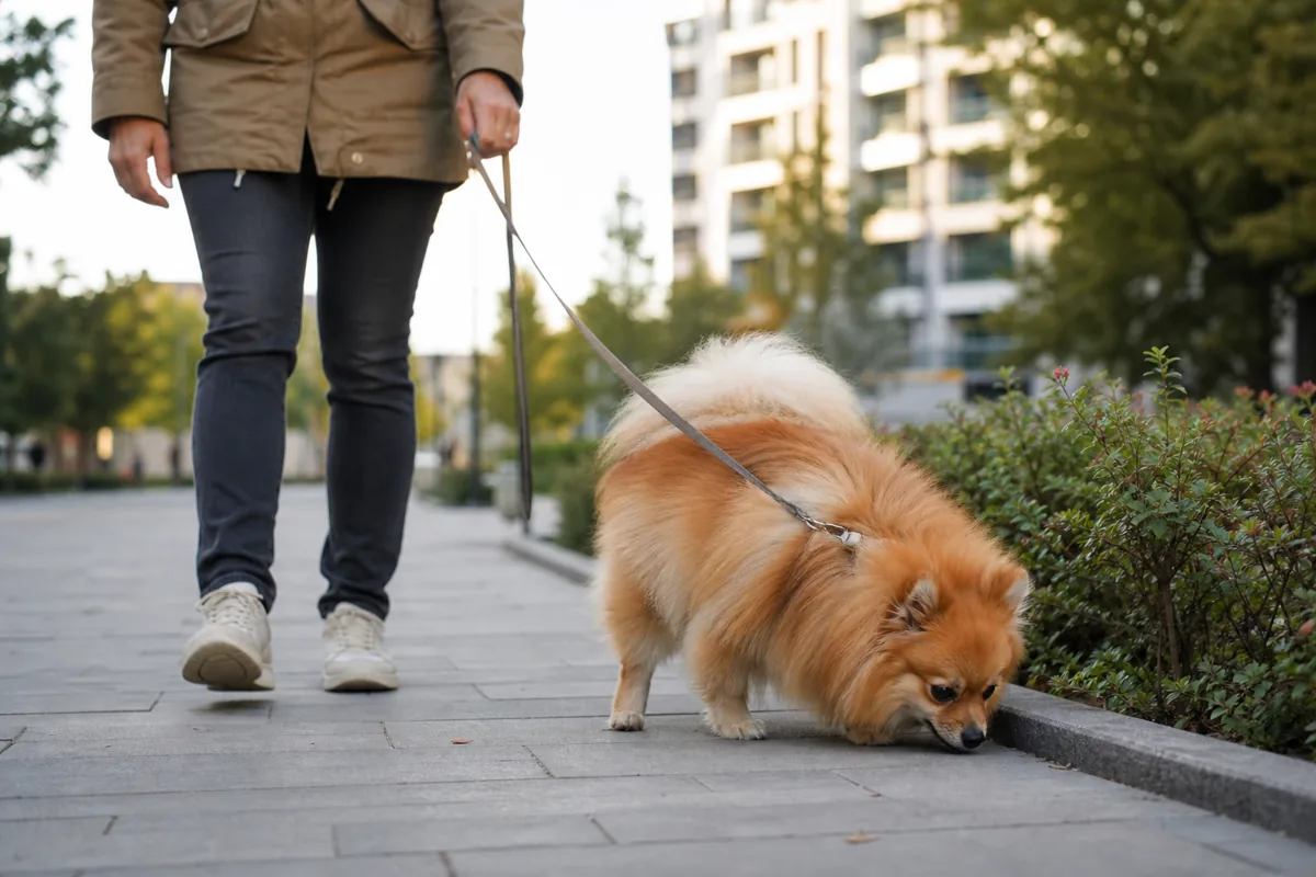 Spitz Alemão farejando durante passeio urbano com guia frouxa