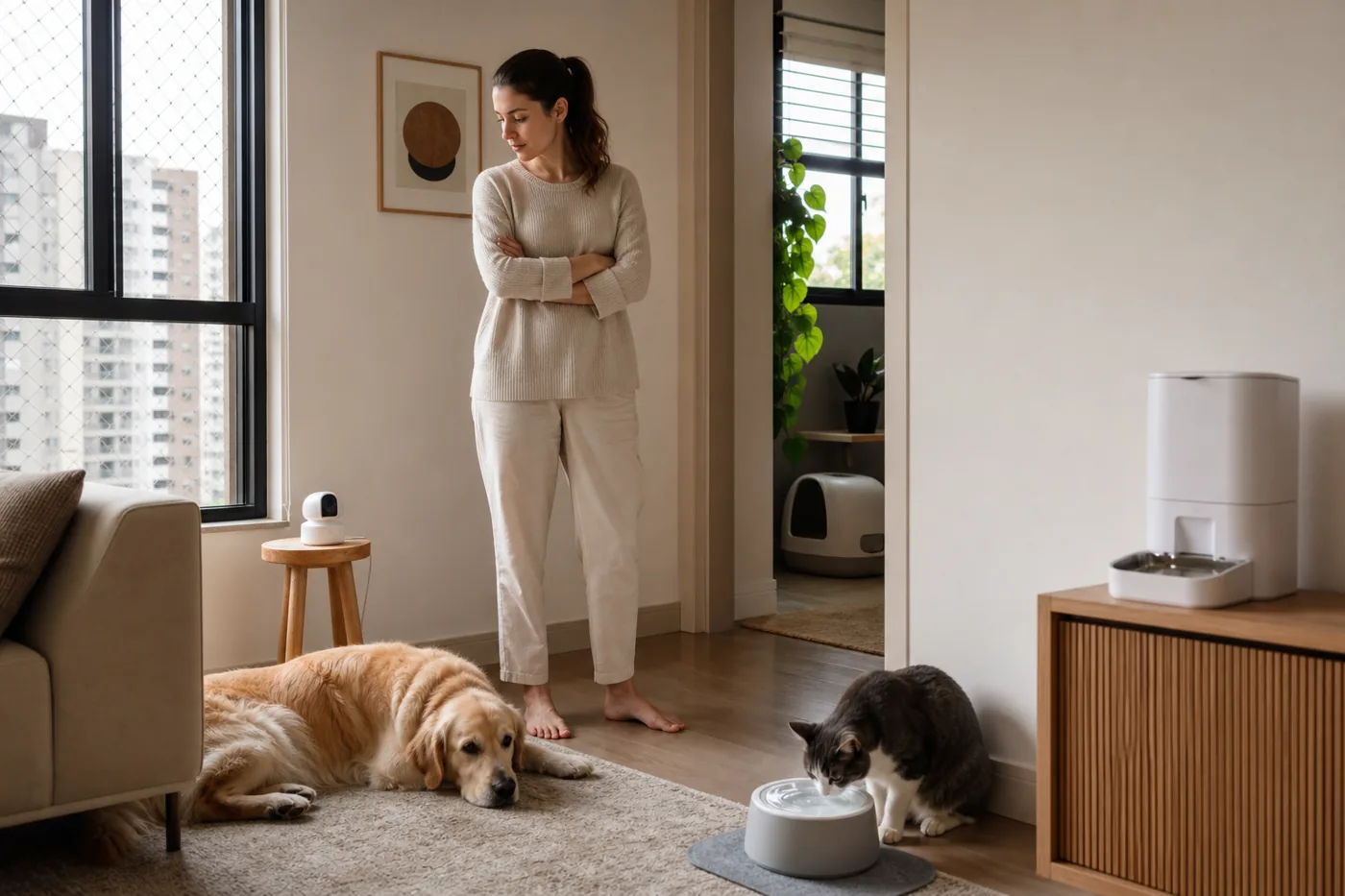 Cão e gato em casa com câmera, fonte de água e alimentador automático