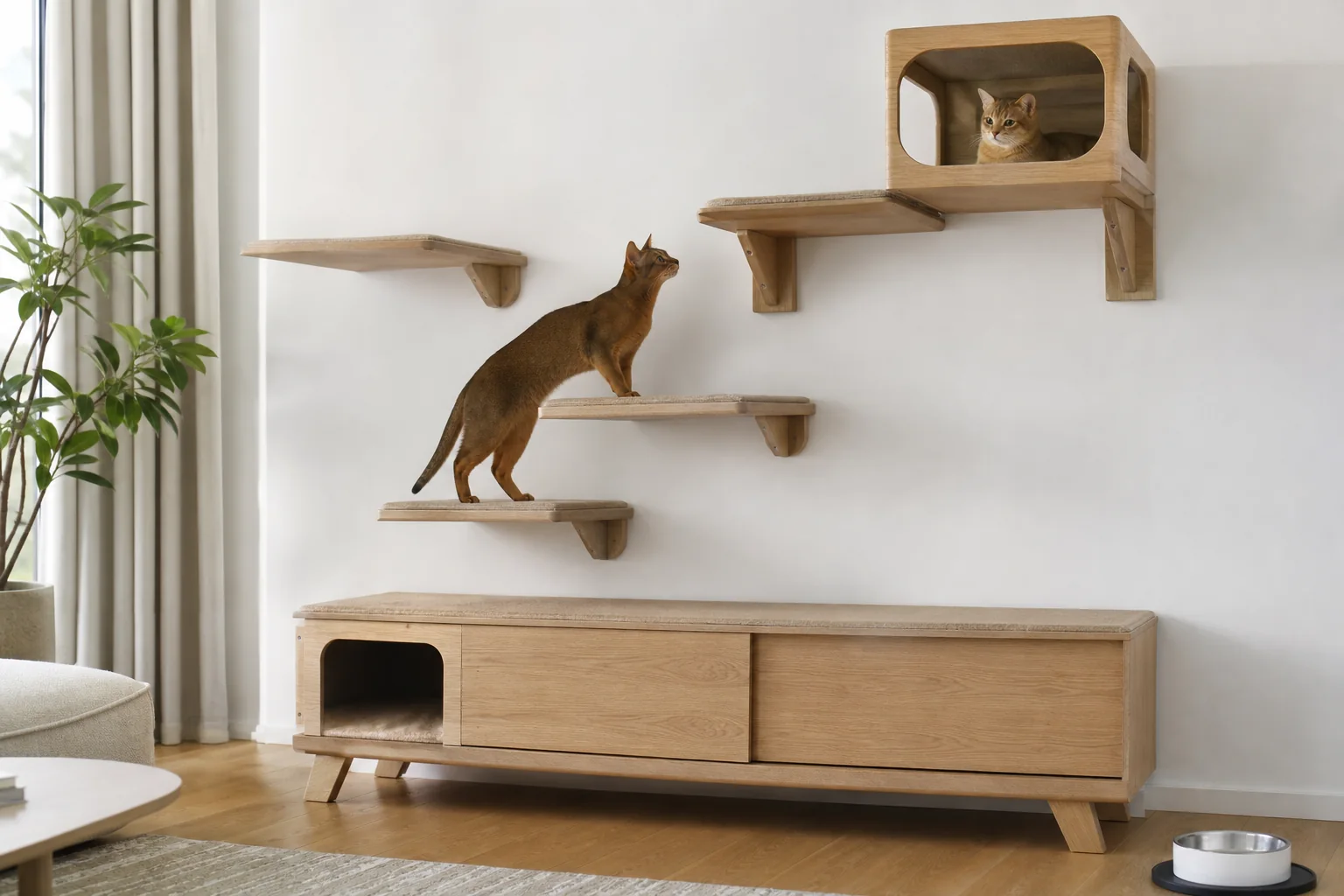Gatos percorrem prateleiras seguras e refúgio elevado em apartamento