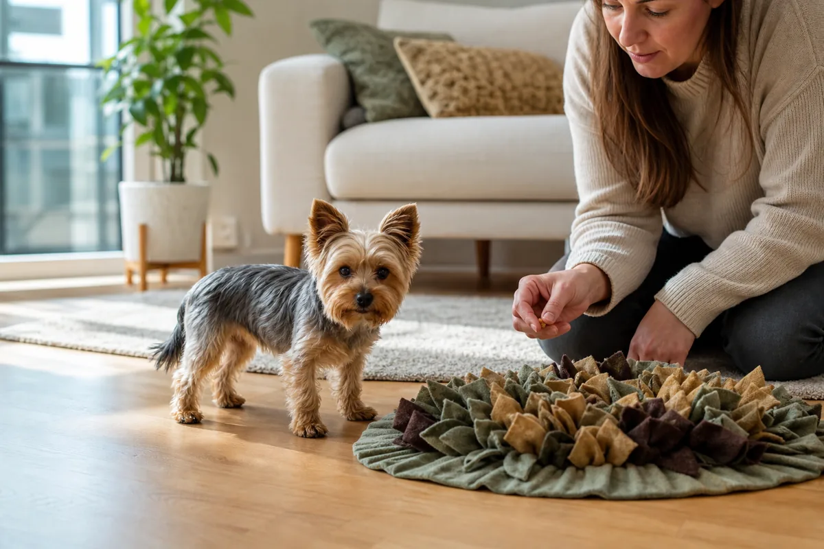 Yorkshire Terrier próximo a tapete de farejamento em apartamento