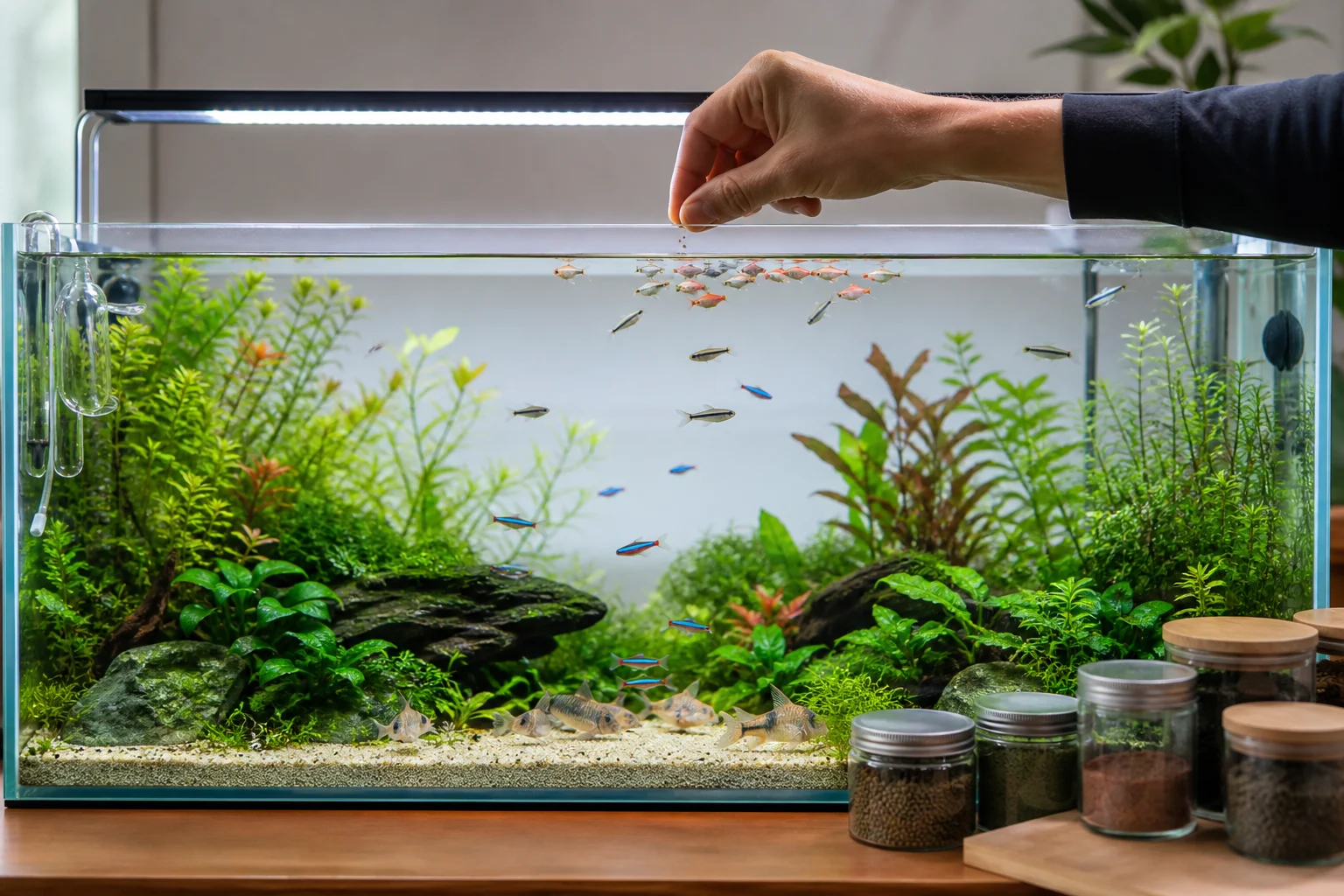Aquarista oferecendo pequena porção de alimento a peixes ornamentais em níveis diferentes do aquário