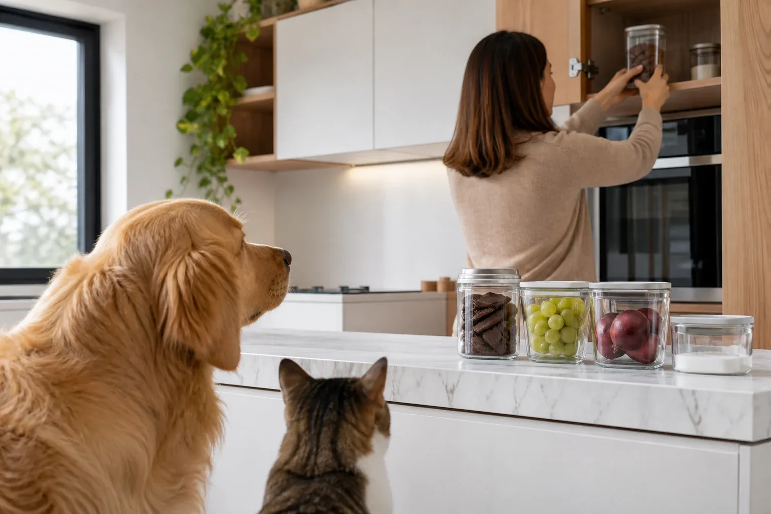 Tutora afastando chocolate, uvas, cebola e medicamentos do alcance de um cão e um gato na cozinha