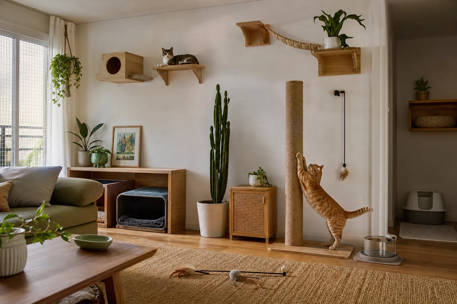 Apartamento com prateleiras, esconderijos, arranhador alto, água e caixa de areia para gatos