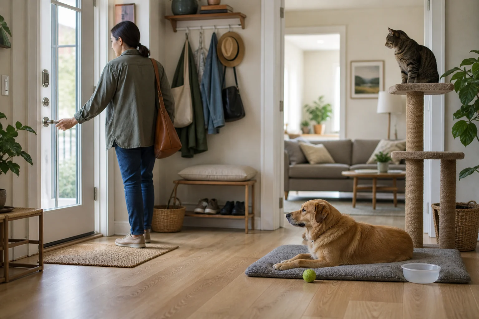 Tutora sai de casa enquanto cão descansa e gato observa calmamente de um local alto