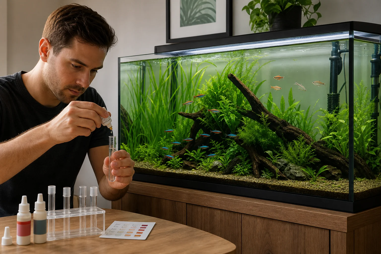Aquarista testa a água ao lado de aquário plantado com peixes de água doce