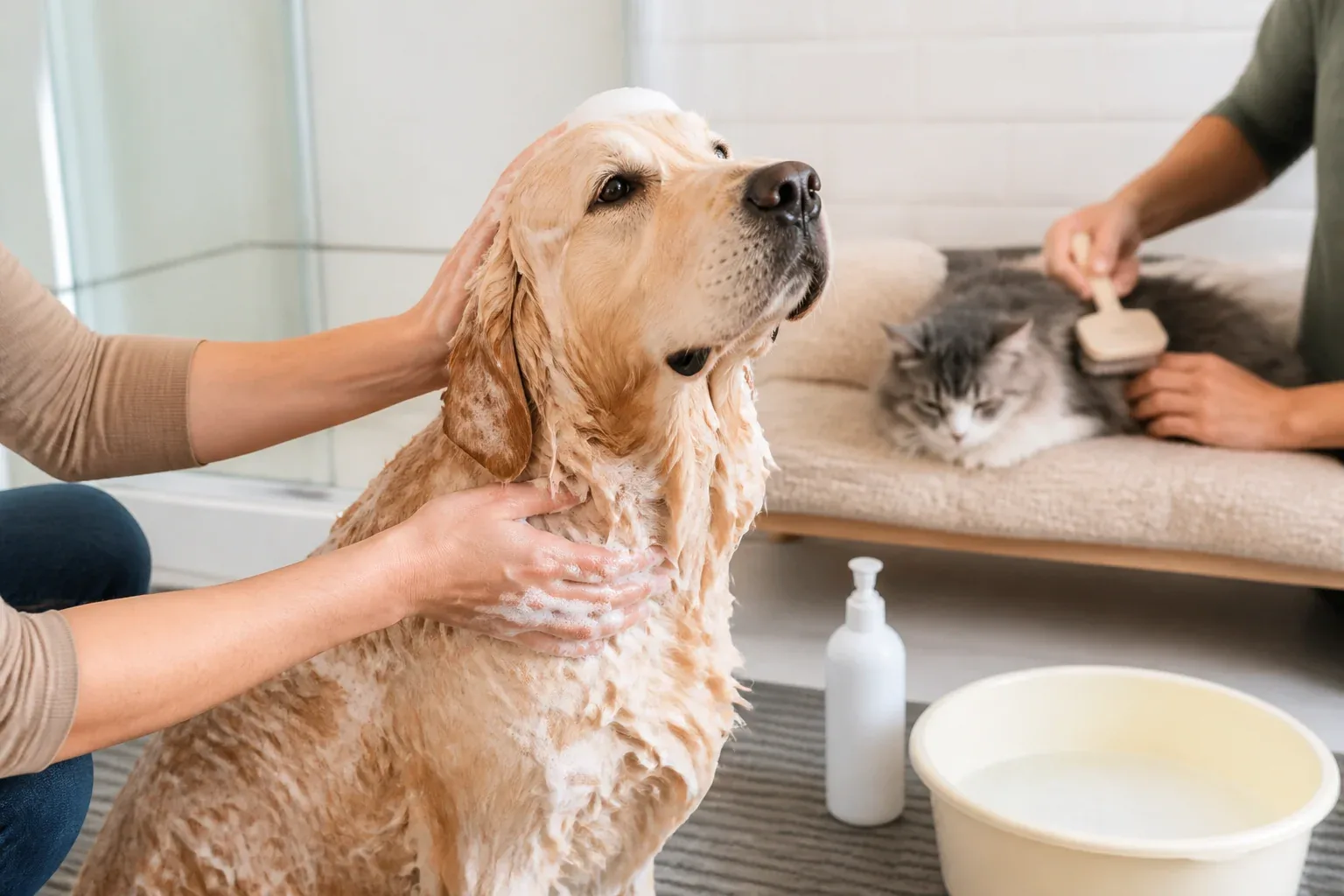 Cão recebendo banho suave com produto próprio enquanto um gato é escovado em outra área