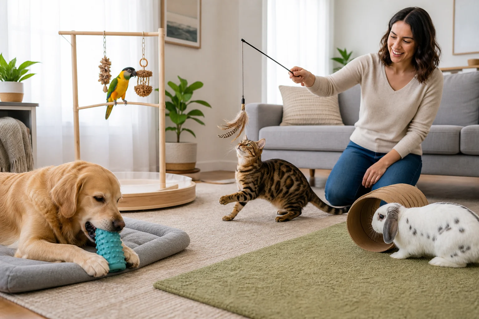 Cão, gato, coelho e ave usam brinquedos adequados com supervisão da tutora