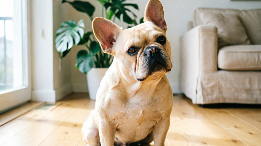Buldogue Francês sentado no piso de uma sala de apartamento
