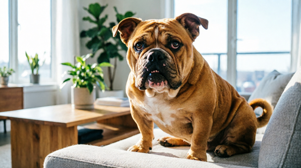 Buldogue Inglês sentado no sofá de uma sala de apartamento