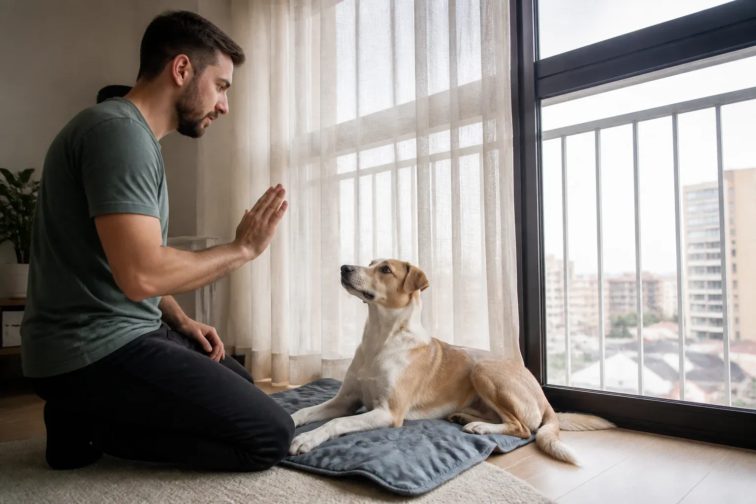 Tutor observando cão junto à janela de um apartamento em momento de treino calmo