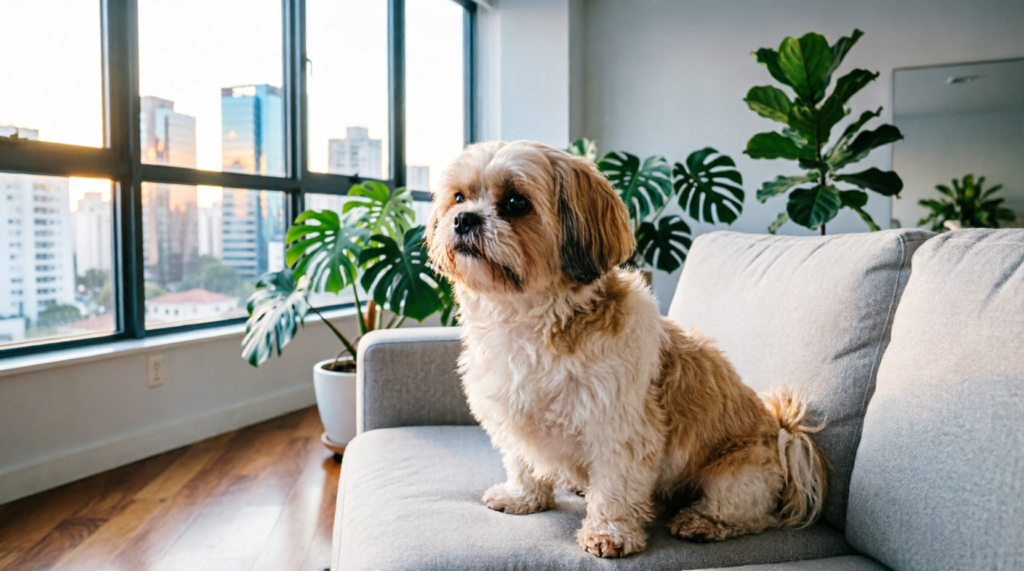 Cachorro pequeno sentado no sofá de um apartamento com vista urbana pela janela