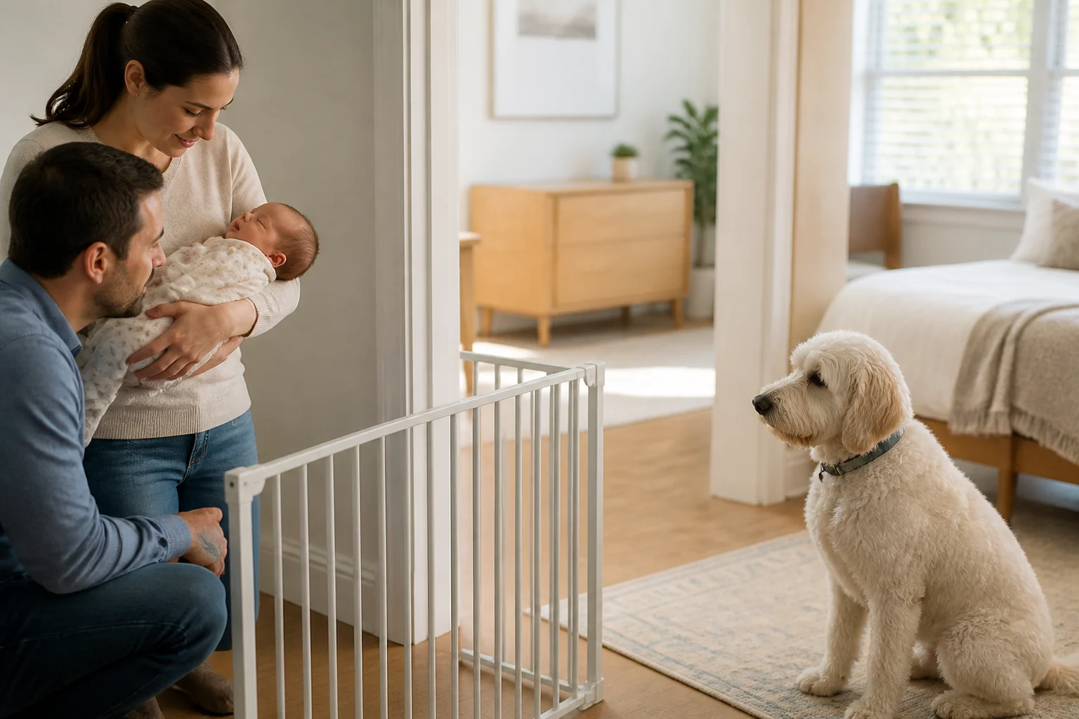 Pais segurando um bebê enquanto um cão observa calmamente atrás de uma barreira
