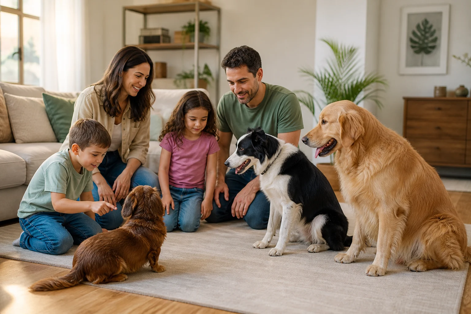 Família supervisionando crianças pequenas próximas de cães de portes diferentes